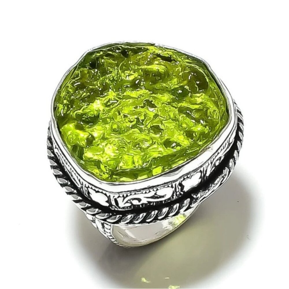 Size 8 Moldavite Quartz 925 Sterling Silver Overlay Gemstone ring